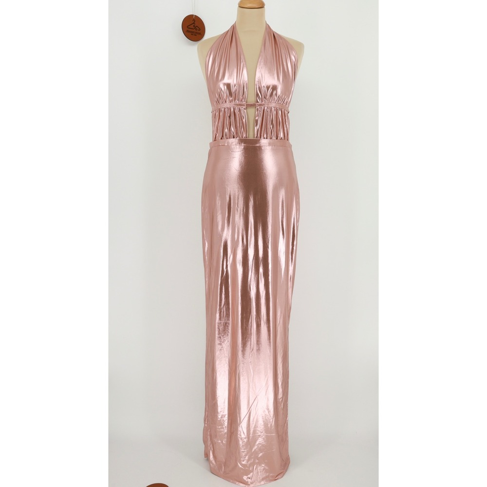 Fashion Nova Thalia‎ Metallic Maxi Dress Rose Gold Halter Open Back Party Glam